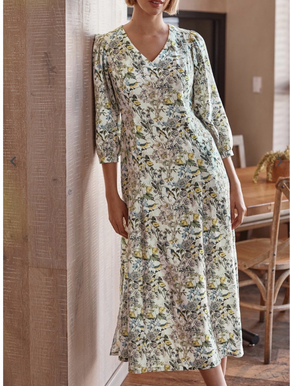 J. Jill Linen A-Line Maxi Dress SP Floral Yellow Green Puff Sleeve BoHo Cottage